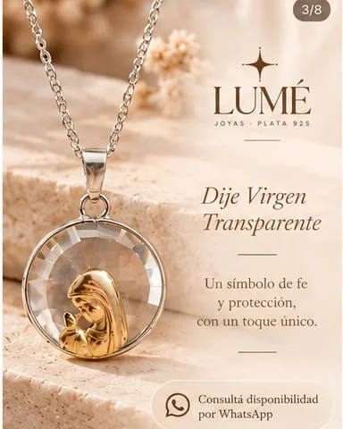 Dije de plata de la Virgen sobre cristal transparente